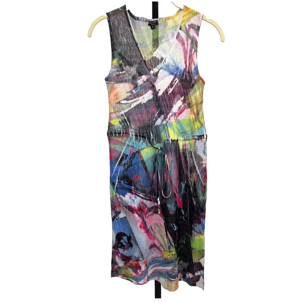 Komarov Artsy Tie Dye Multi V-Neck Waist Tie Sleeveless Crinkle Dress - Size S
